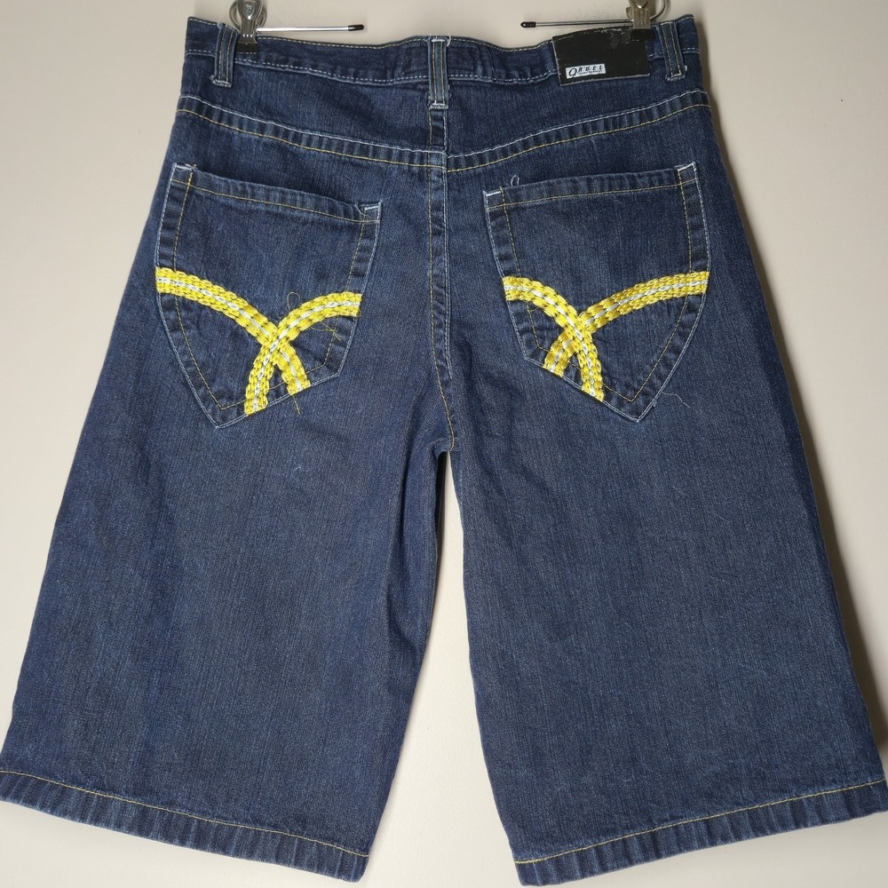 Qruel Mens Shorts Size 36x15 Wide Leg Blue Jorts Y2k 90s Embroidered